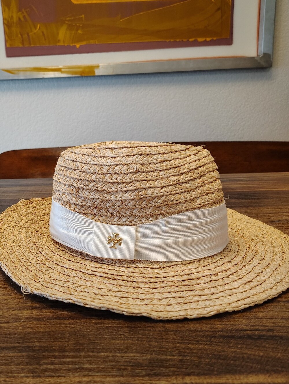 Tory Burch Straw Fedora Hat Beige Blue Bow Accent Lightweight Women's Woven